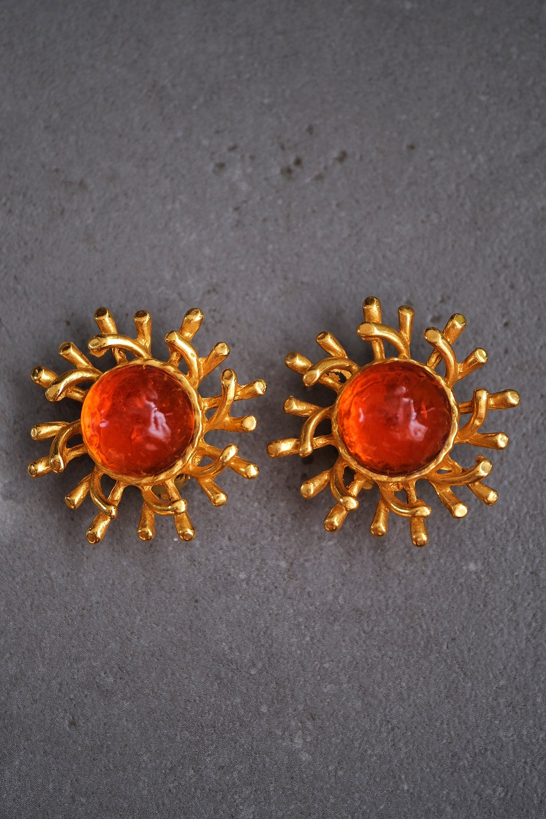 Philippe Ferrandis Vintage Orange Gripoix Cabochon Sun Ear Clips