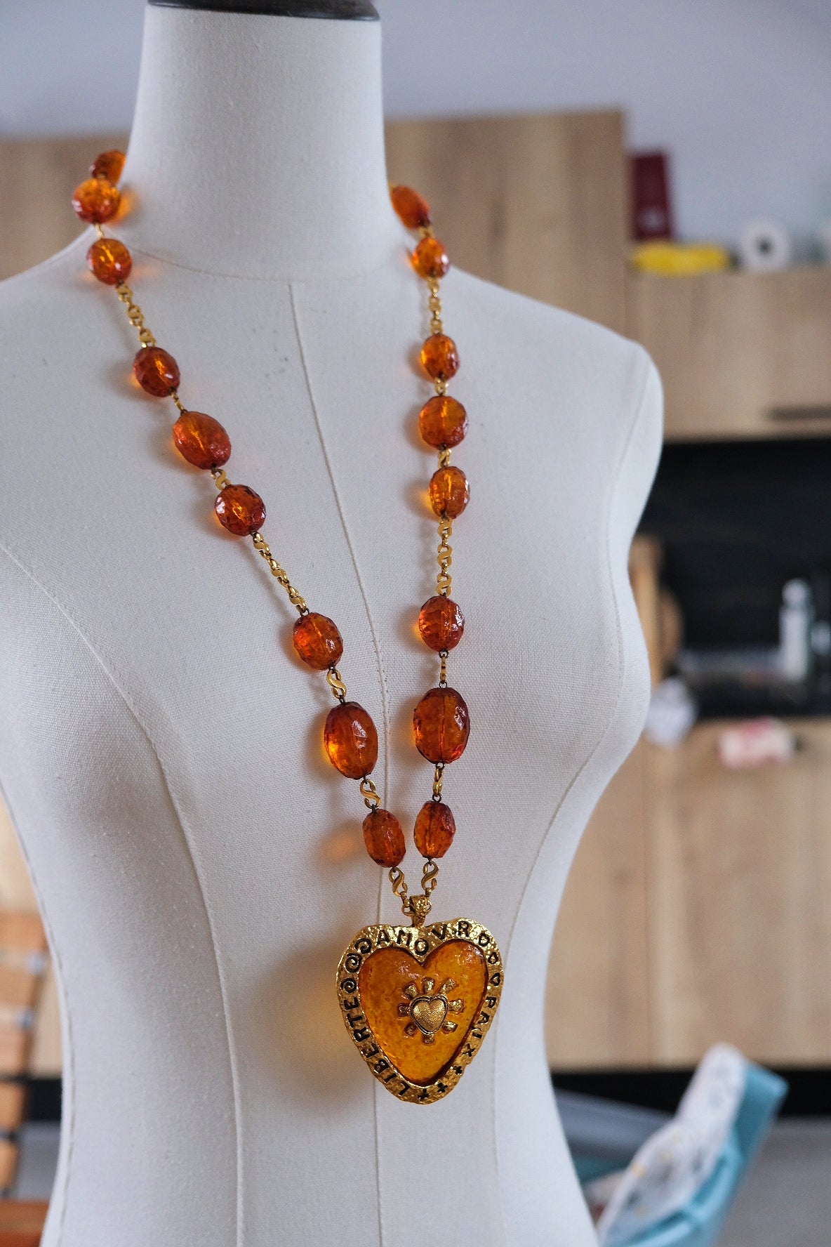 Poggi Paris Amber Resin Jelly Heart Vintage Necklace