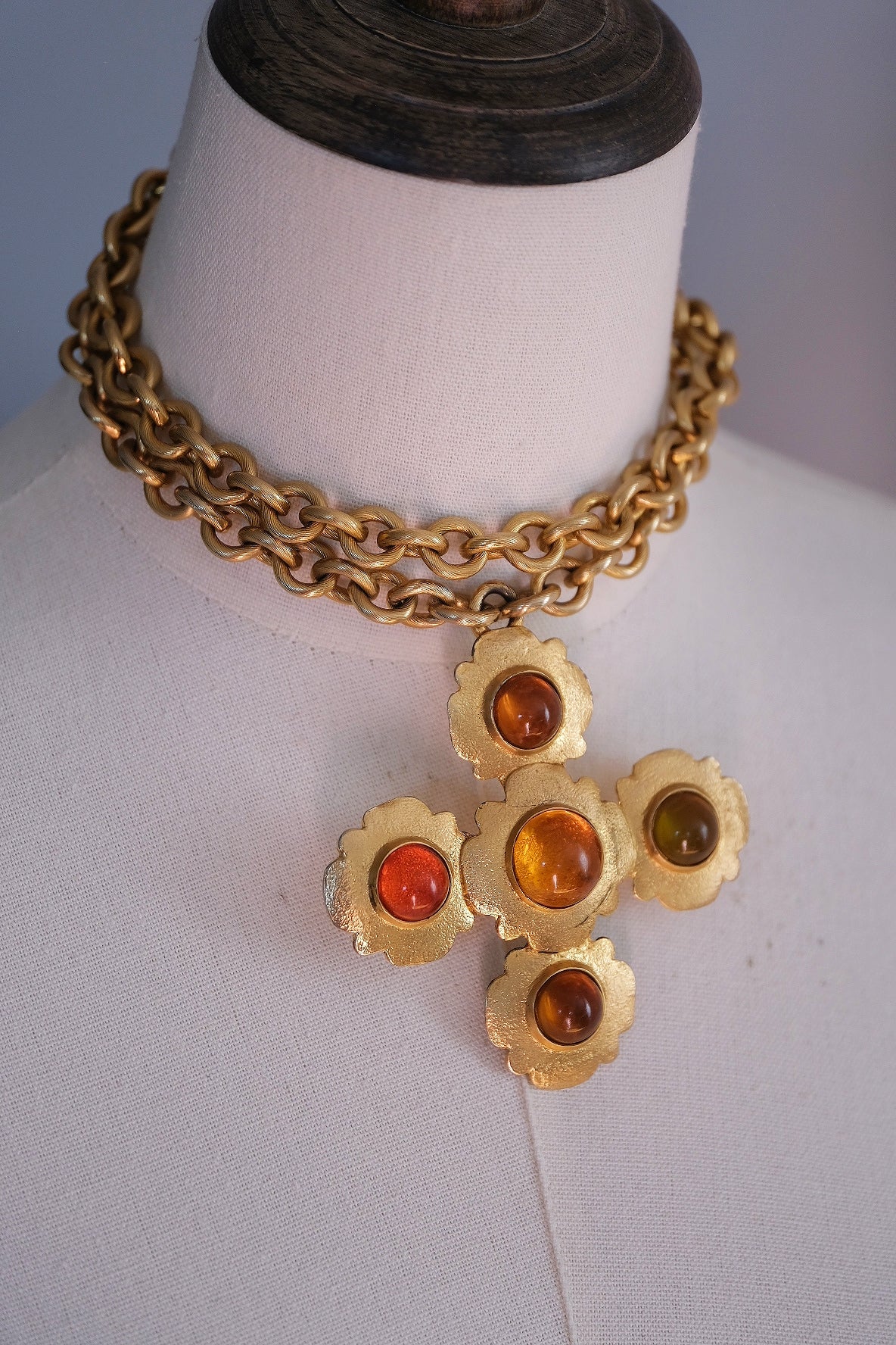 Les Bernard x Vogue Amber Cabochon Cross Pendant Vintage Statement Necklace