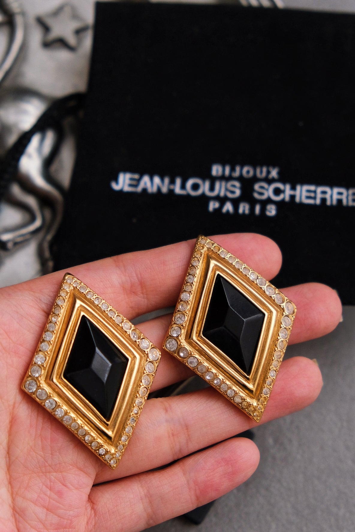 JEAN LOUIS SCHERRER Vintage massive size black glass crystal earclips