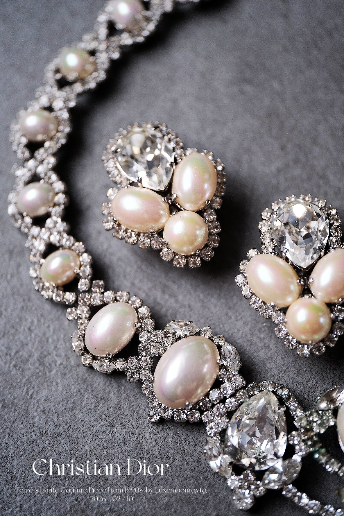 Christian Dior Crystal imitation pearl earclips/necklace jewelry set