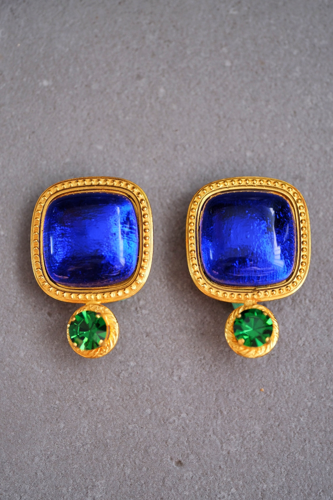 Philippe Ferrandis Blue Glass & Green Crystal Ear Clips