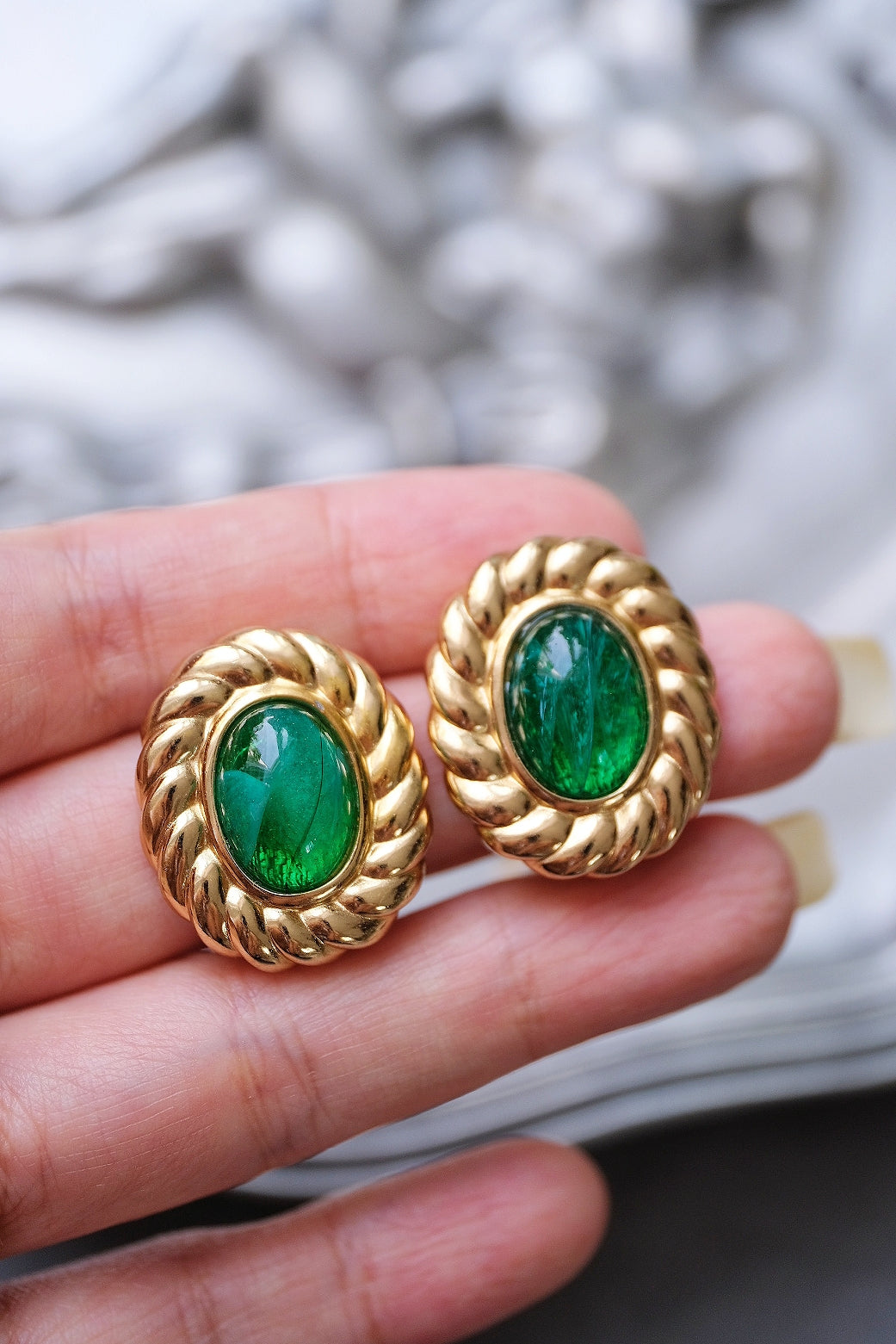Christian Dior Emerald Green Glass Cabochon Vintage Ear clips
