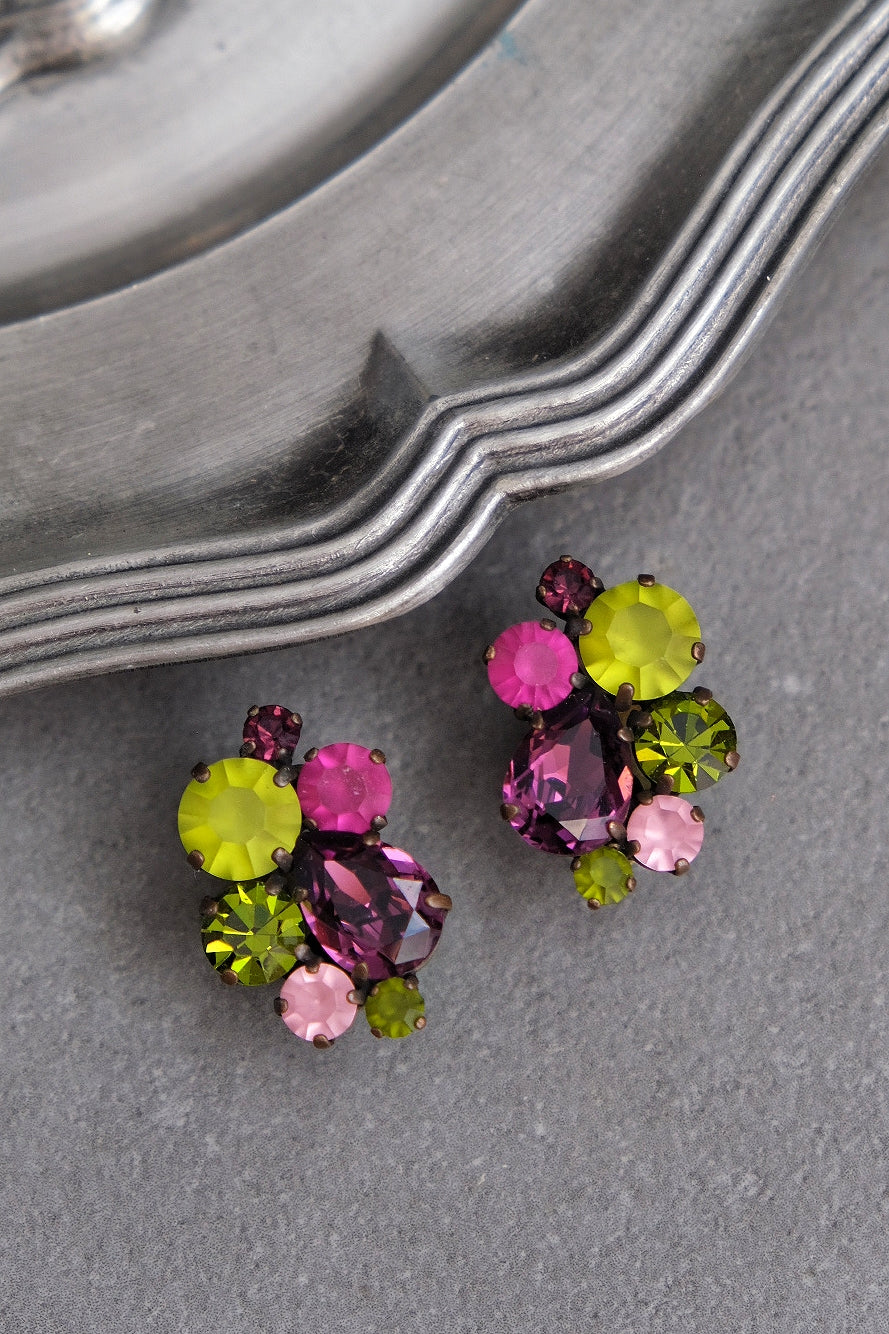 1970s Crystal Plum & Olive Vintage Clip-On Earrings