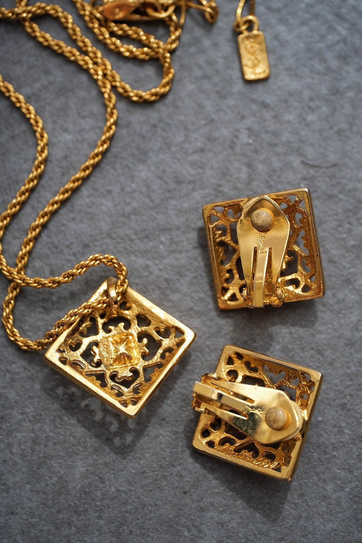 Yves Saint Laurent Vinatge Gold Tone Filigree Necklace and Earrings Set