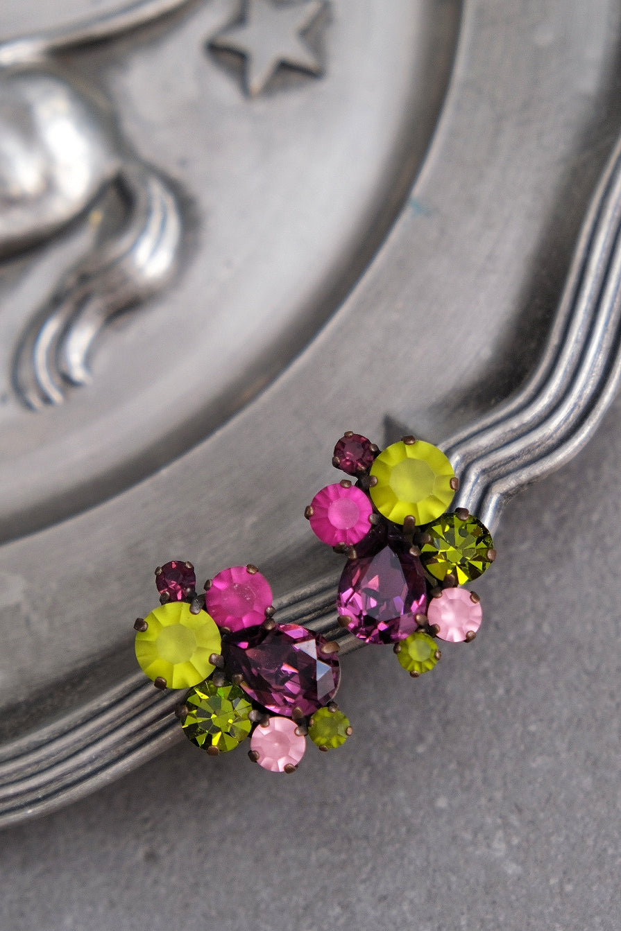1970s Crystal Plum & Olive Vintage Clip-On Earrings