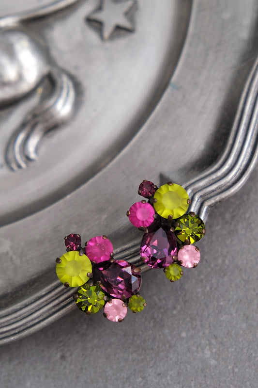1970s Crystal Plum & Olive Vintage Clip-On Earrings