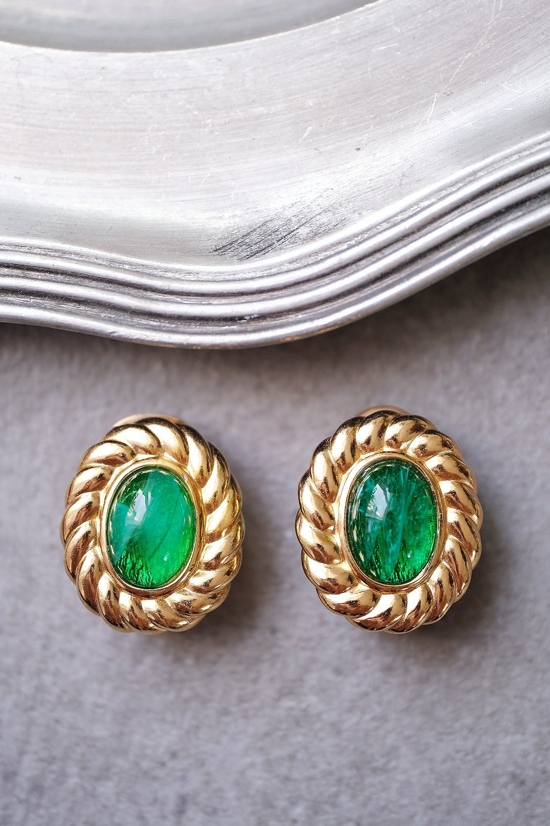 Christian Dior Emerald Green Glass Cabochon Vintage Ear clips