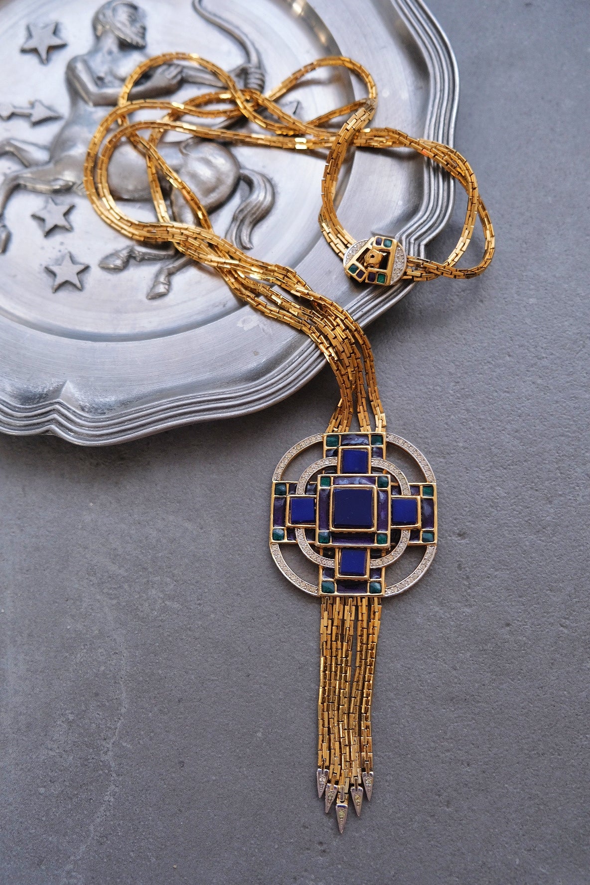 D'ORLAN Blue glass stone long necklace French Vintage necklace