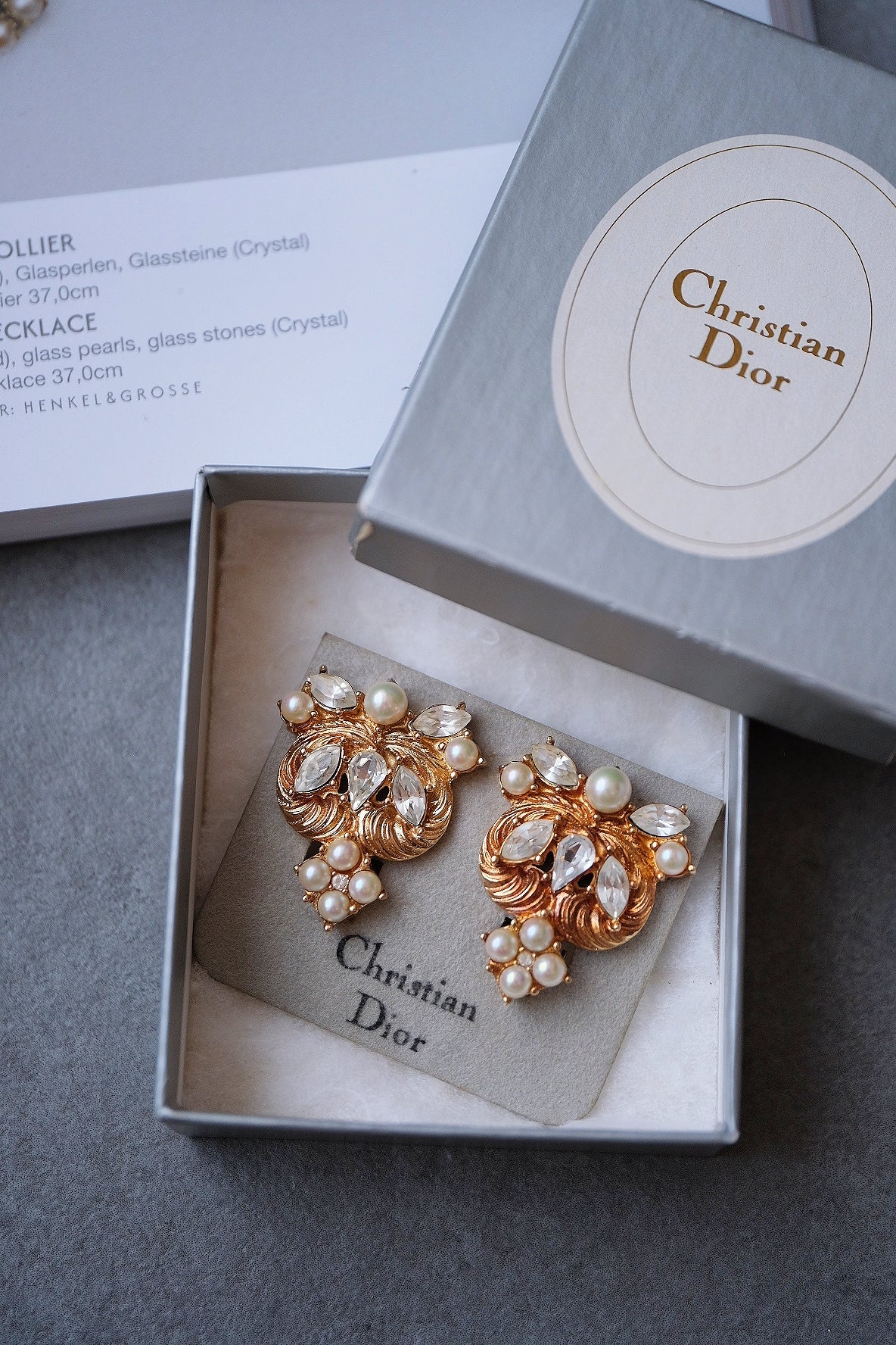 Christian Dior Pearl & Crystal Swirl ear clips vintage earrings