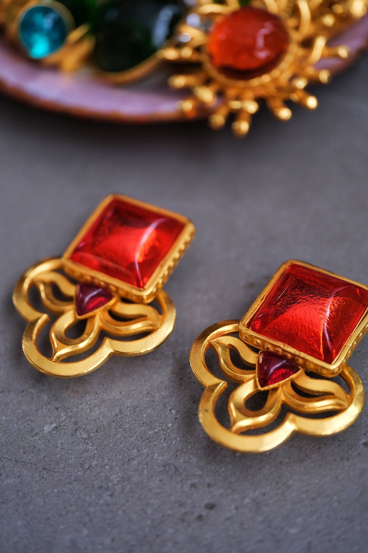 Philippe Ferrandis Vintage Red Glass Statement Ear Clips