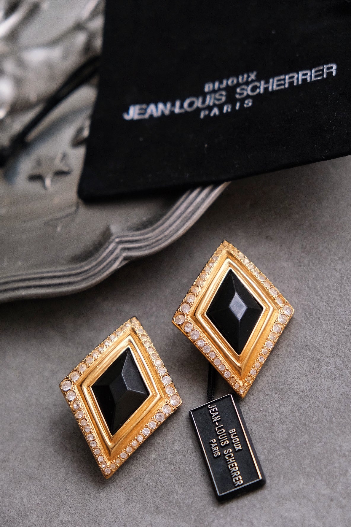 JEAN LOUIS SCHERRER Vintage massive size black glass crystal earclips