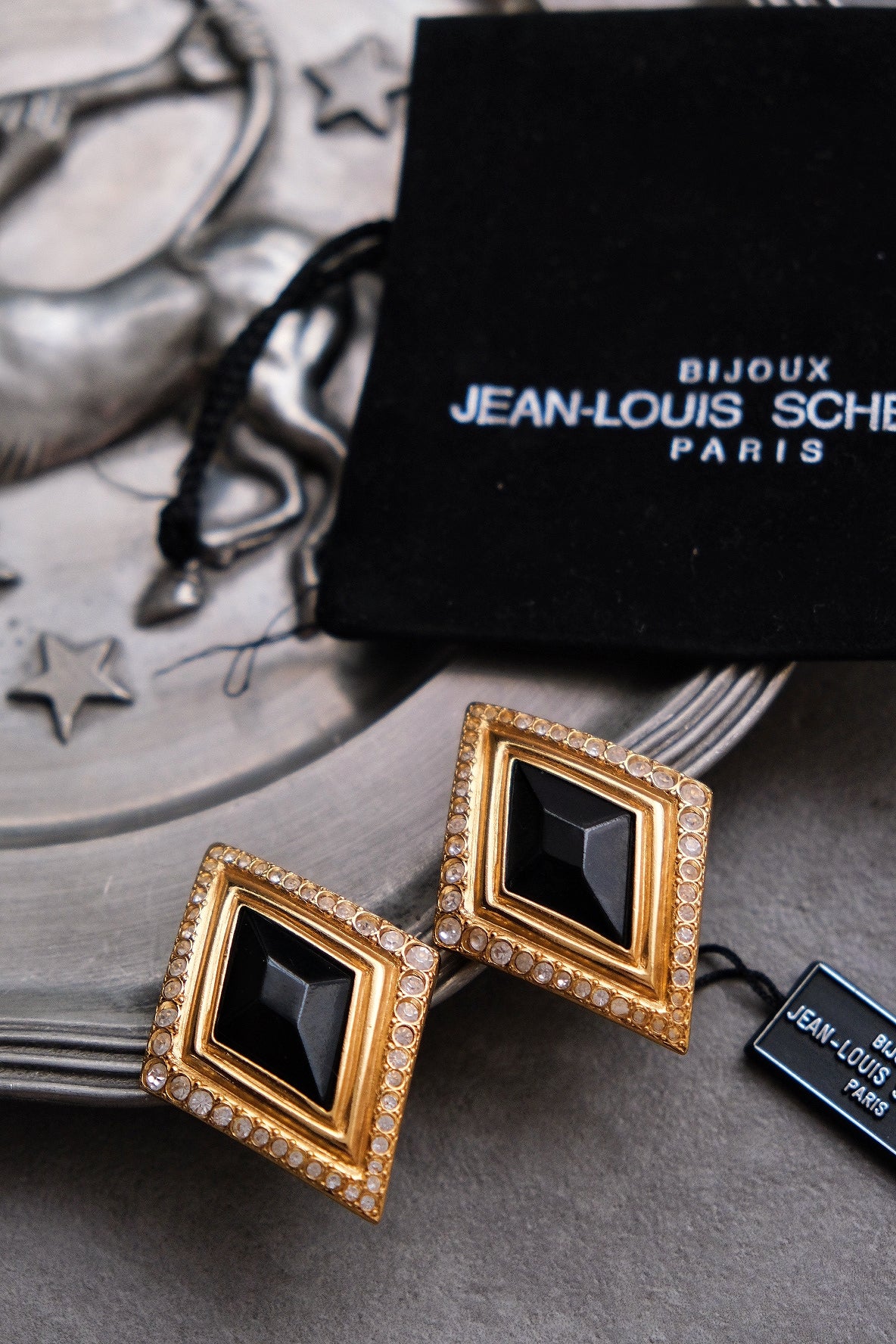 JEAN LOUIS SCHERRER Vintage massive size black glass crystal earclips