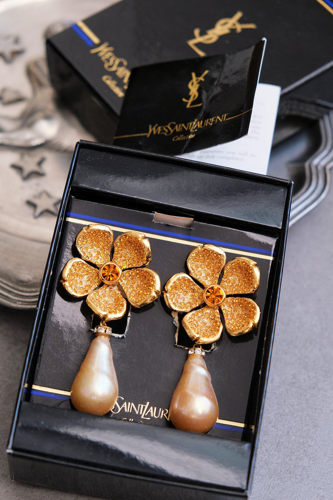 Yves Saint Laurent YSL Rive Gauche vintage flower runway earclips statement earrings