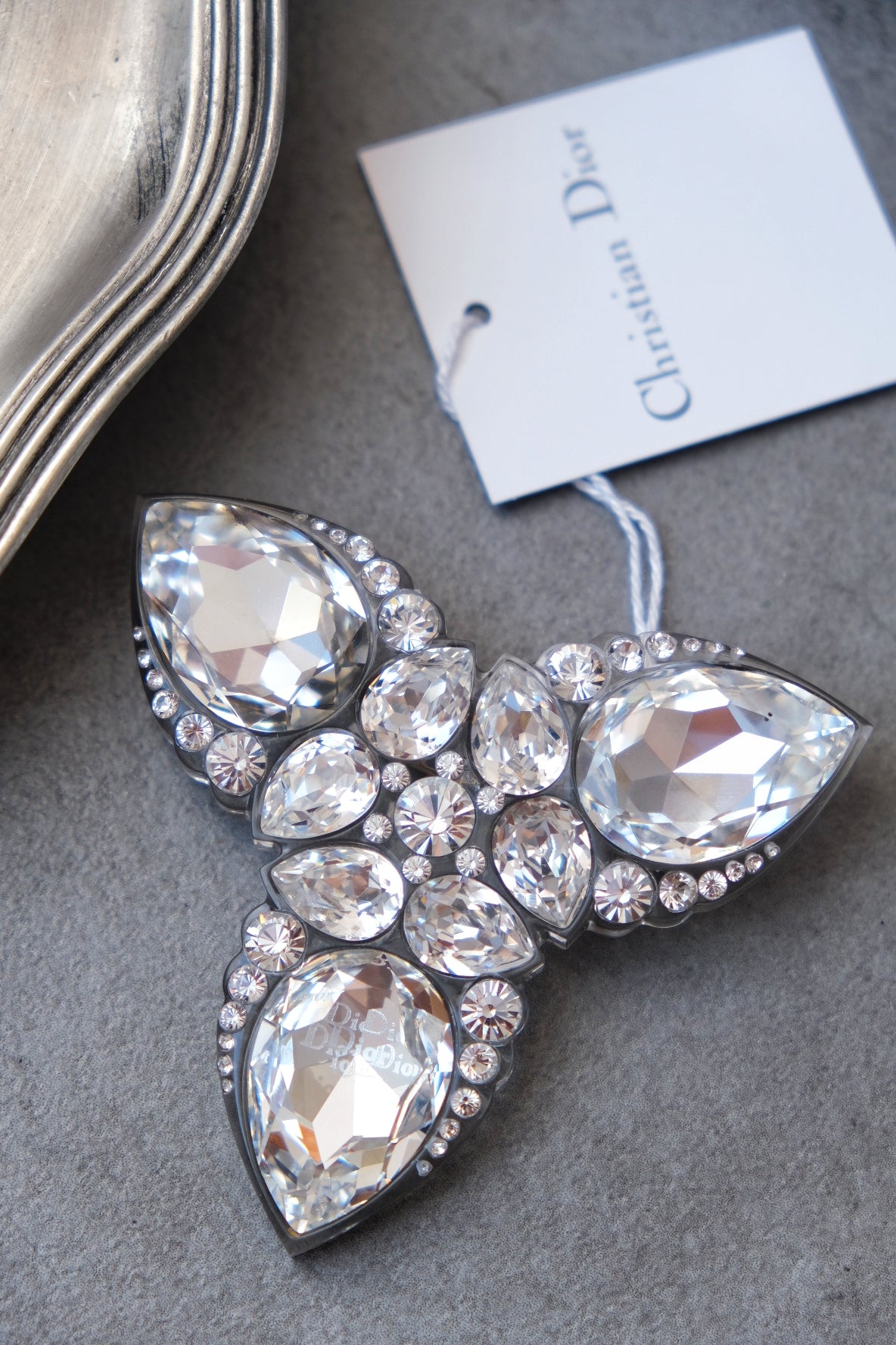 Christian Dior Vintage SS 2004 by John Galliano Clear Crystal Rhinestone Dior Insignia Brooch Pin