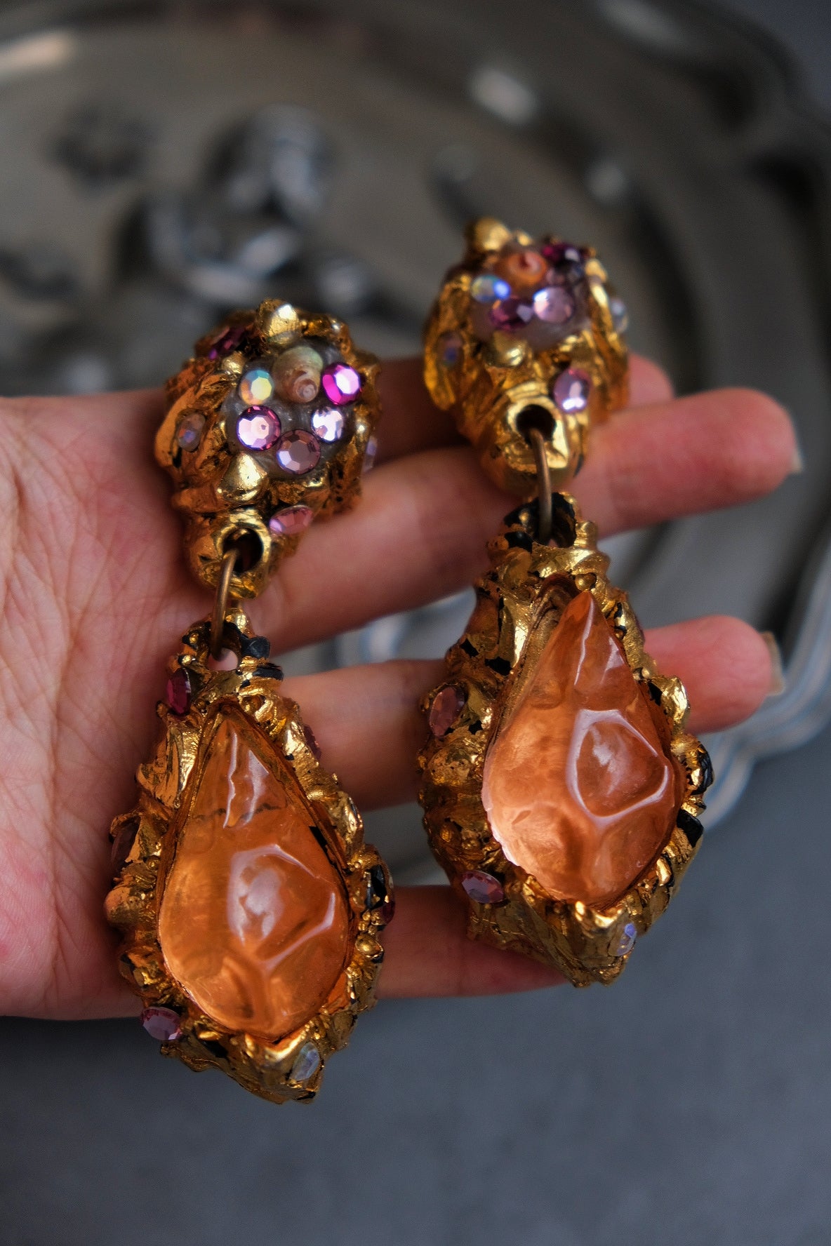 Jacky de G Paris Massive Size Resin Cabochons Vintage Clip On Earrings