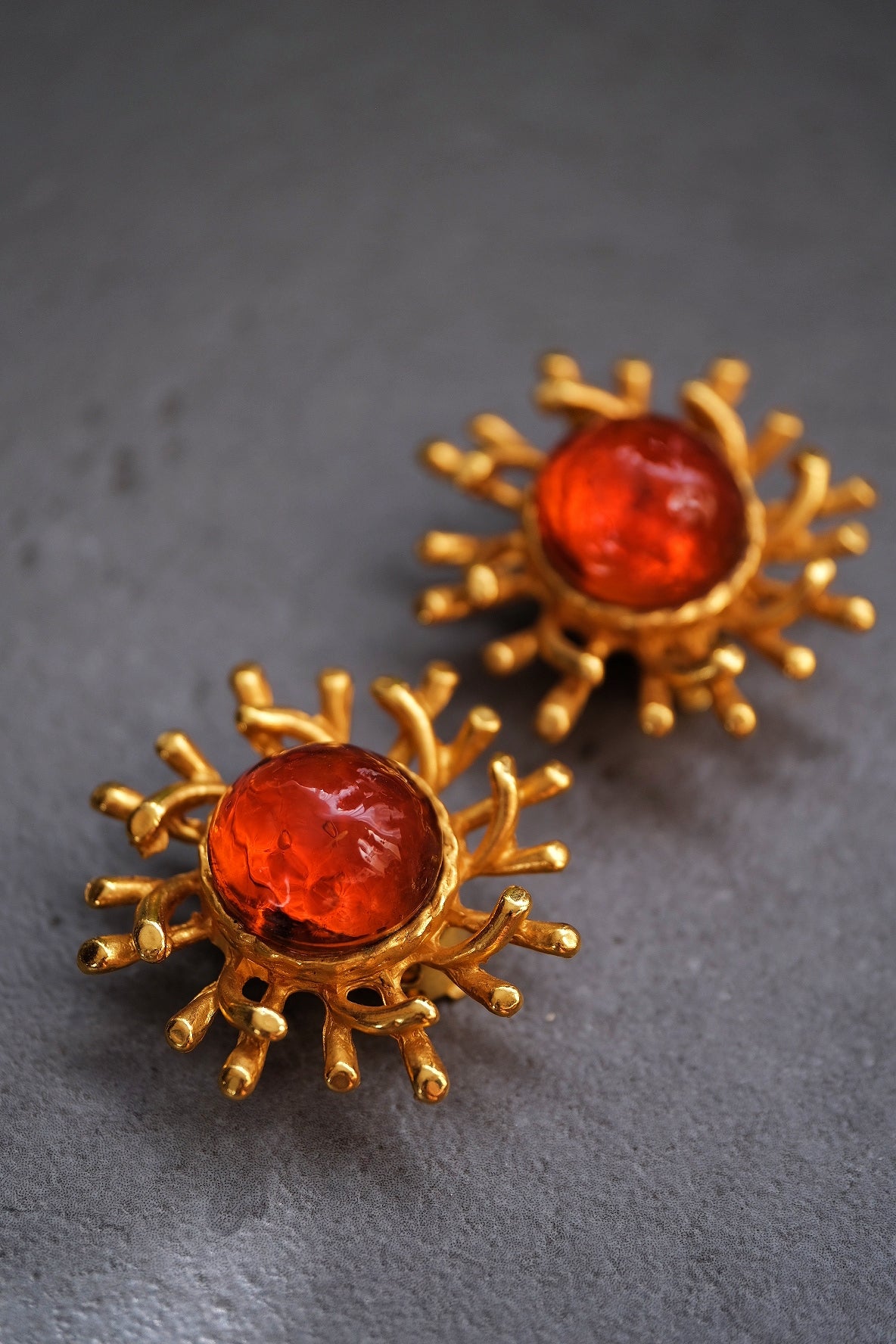 Philippe Ferrandis Vintage Orange Gripoix Cabochon Sun Ear Clips