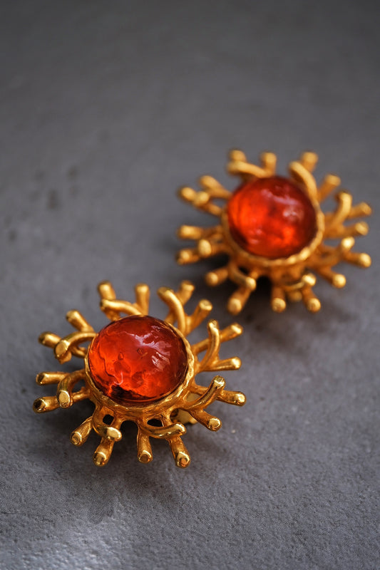 Philippe Ferrandis Vintage Orange Gripoix Cabochon Sun Ear Clips