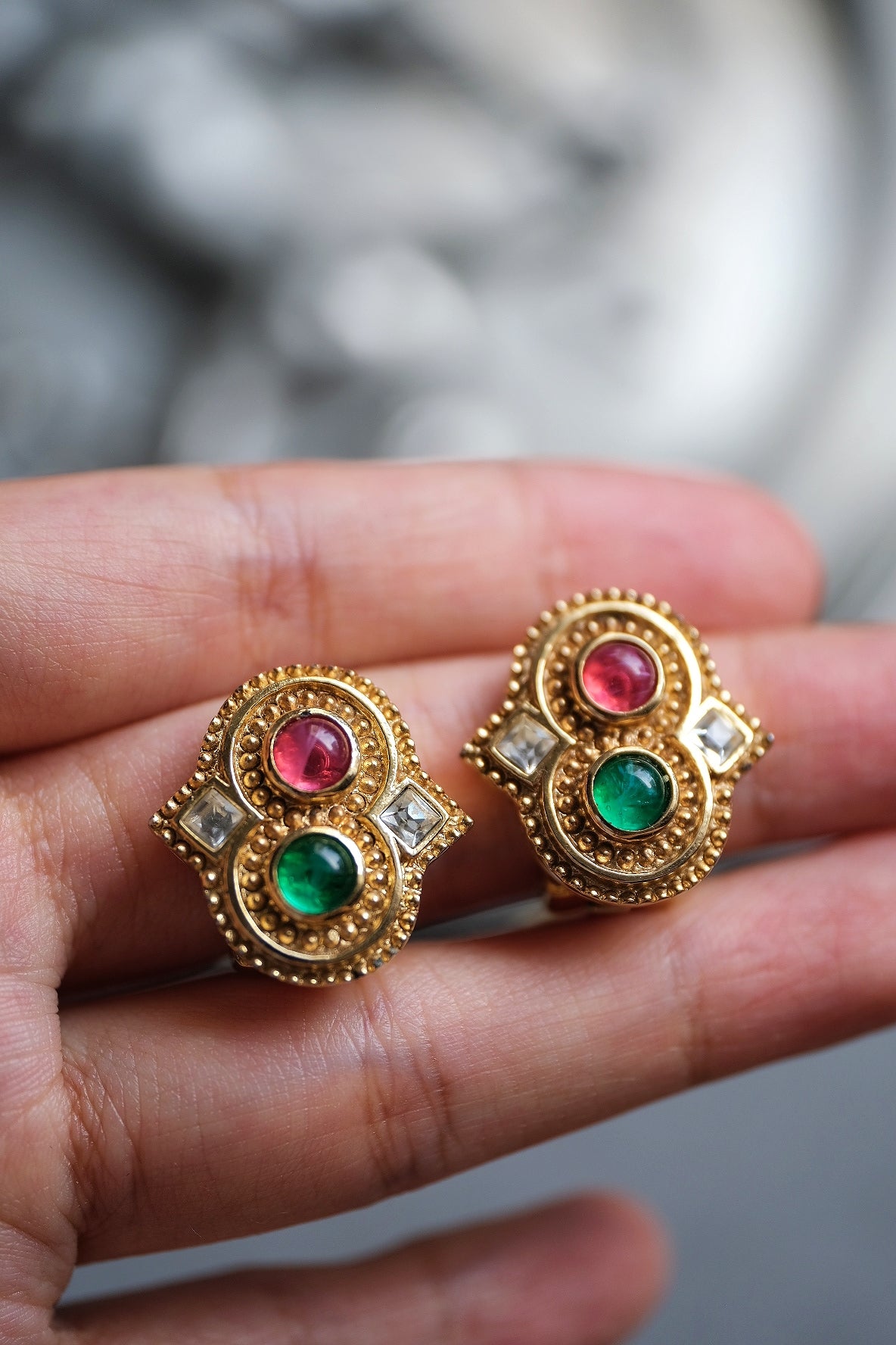 Christian Dior Imitation Emerald and Ruby earclips vintage earrings
