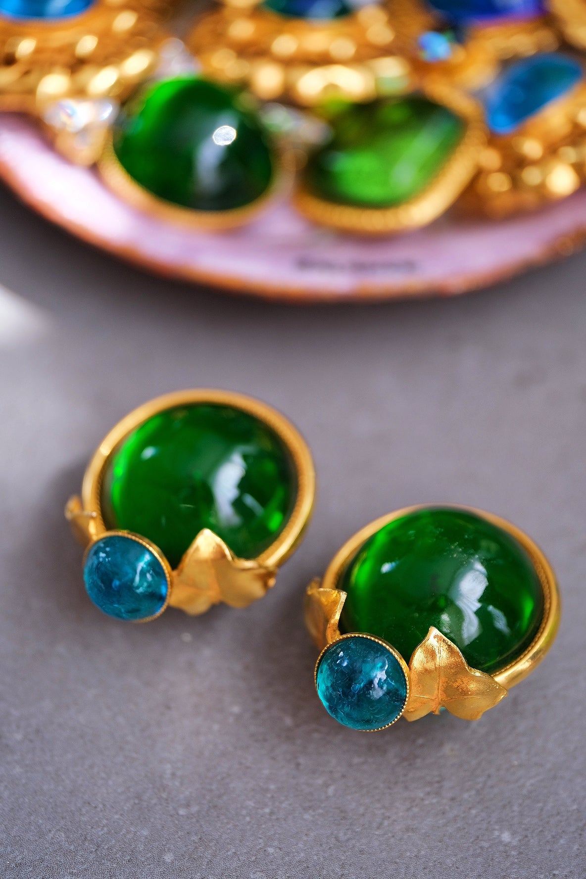 Vintage Philippe Ferrandis Green & Blue Gripoix Ear Clips