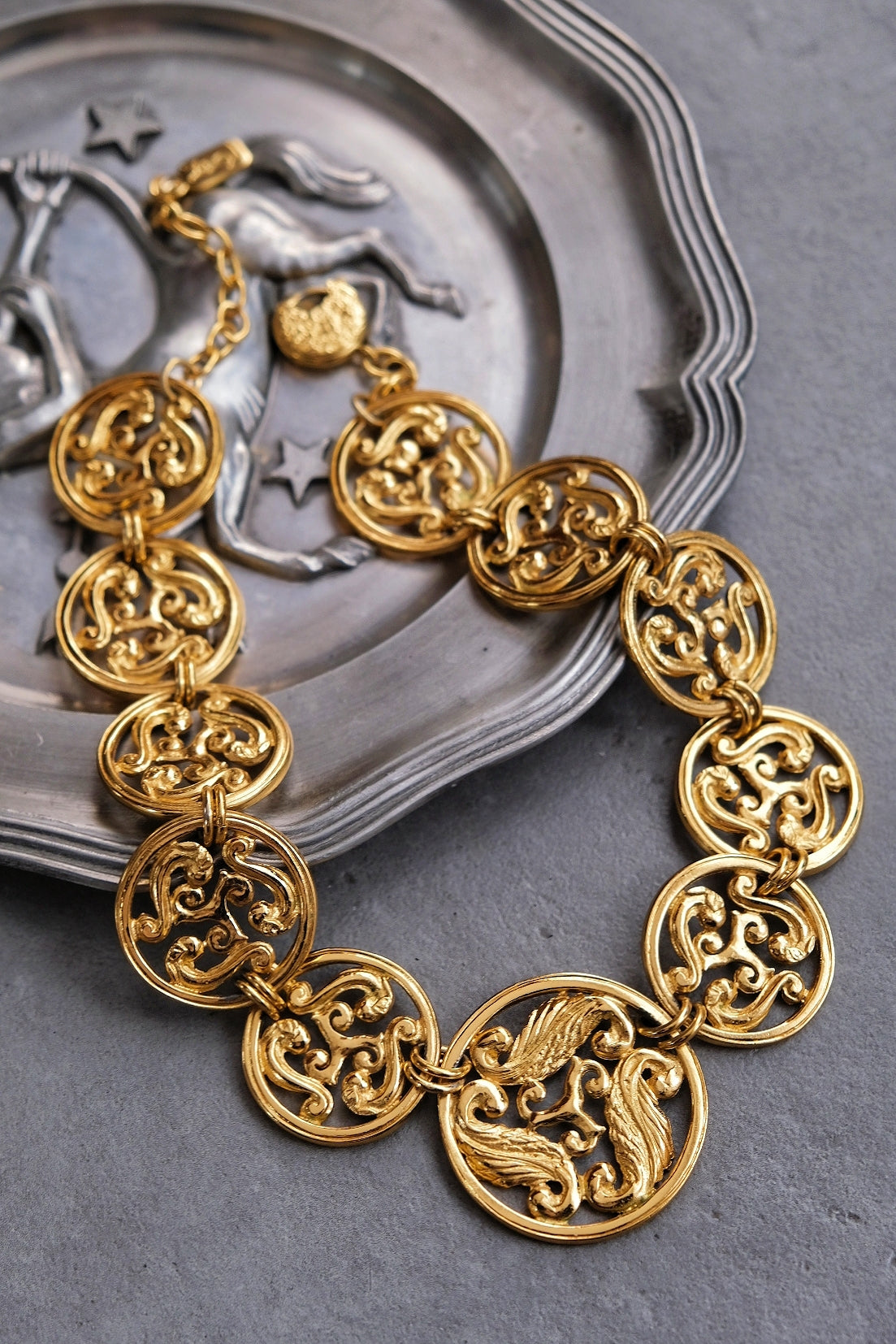 Yves Saint Laurent YSL vintage gold coin feather chain necklace