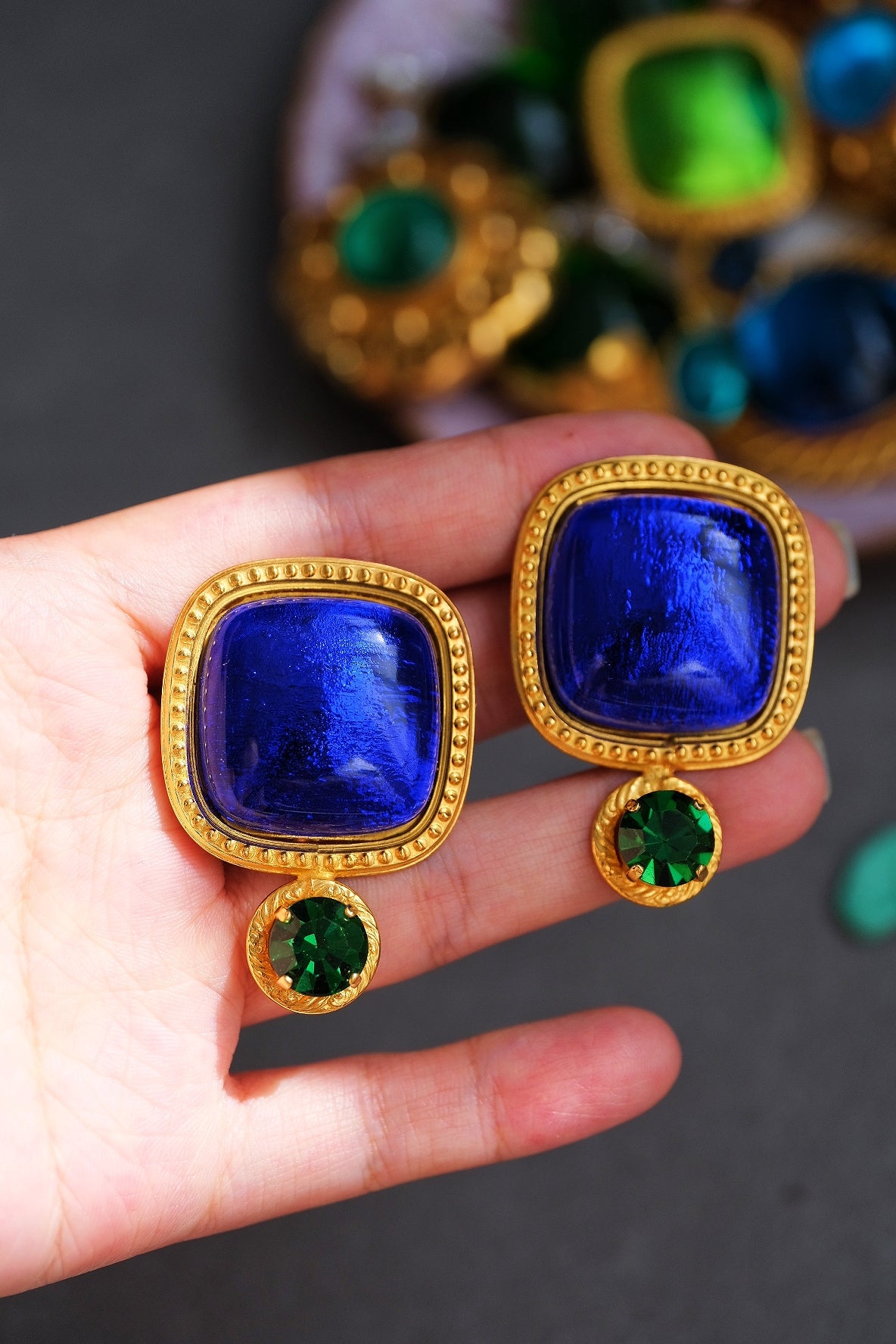 Philippe Ferrandis Blue Glass & Green Crystal Ear Clips
