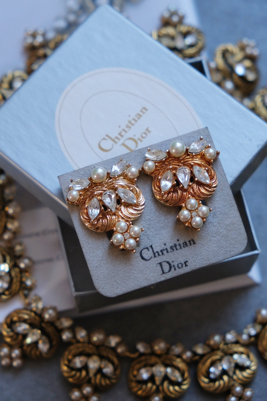 Christian Dior Pearl & Crystal Swirl ear clips vintage earrings