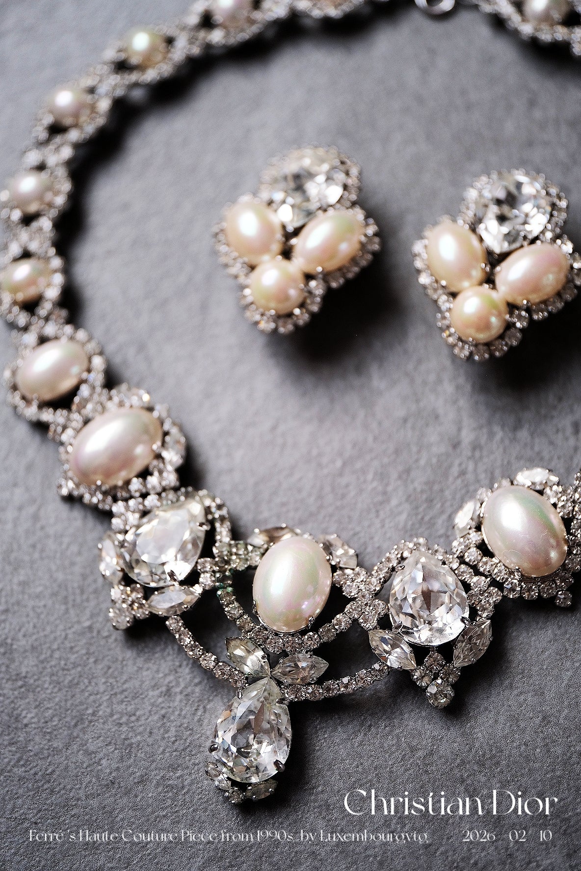 Christian Dior Crystal imitation pearl earclips/necklace jewelry set